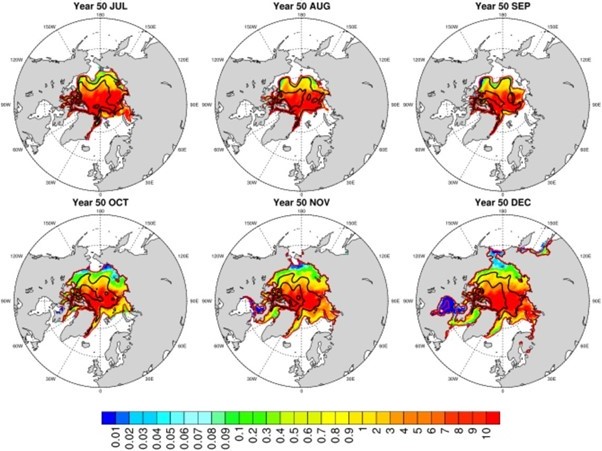 Relative abundance of positively buoyant microplastics in Arctic sea ice to global average microplastic concentration (50th year of integration). Contours of sea ice thickness, in black, are also shown at 1-m interval (Mountford and Morales Maqueda, 2021).